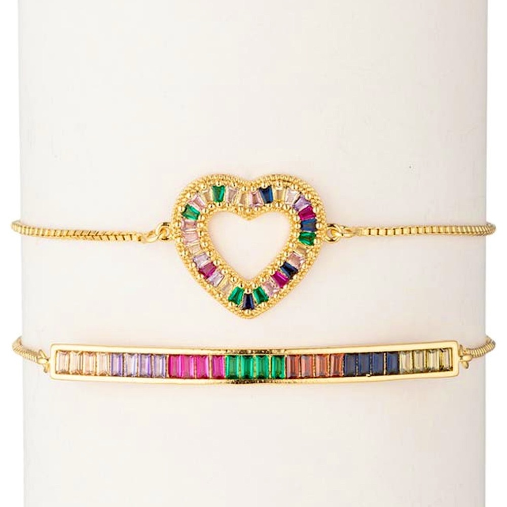 *NEW* Eye Candy Rainbow Heart Gold Tone 2 Bracelet Set Jeweled Slider Bracelets